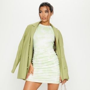 Lime Ribbed Tie Dye Ruched Sleeveless Bodycon Dress